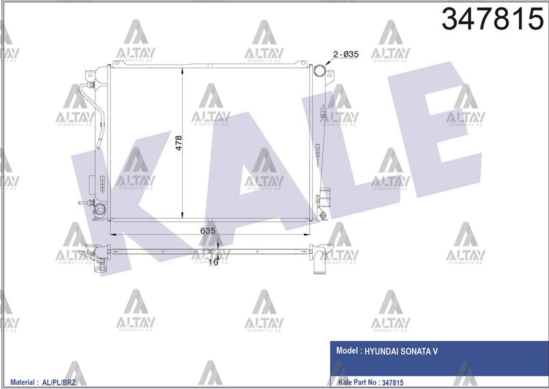 Hyundai Sonata Su Radyatörü 2006-2010 Radyatör Su . Dizel 16mm A-t Brazıng OEM 25310-3K850